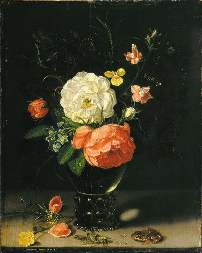 Fleurs dans un vase avec sauterelle et grenouille - Clara Peeters