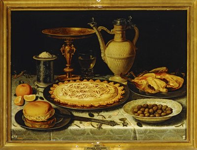 Nature morte - Repas avec poulet rôti, pain et olives ... - Clara Peeters