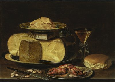 Nature morte avec fromages, verre à la façon de Venise et écrevisses sur une assiette en étain - Charlotte Evans