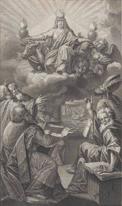 Figure allégorique apparaissant sur des nuages au-dessus d