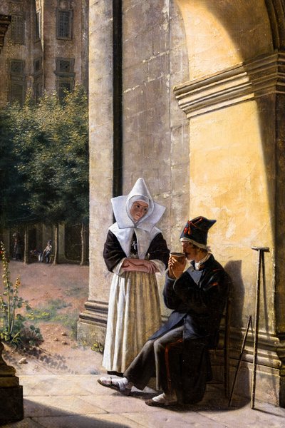 Un soldat soigné par une religieuse dans un cloître - Claude Jacquand