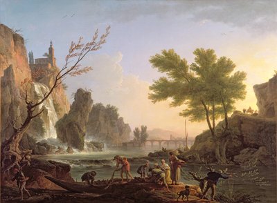 Pêcheur dans un paysage avec une cascade et un pont - Claude Joseph Vernet