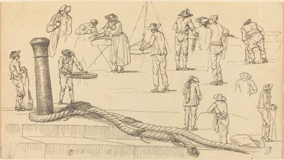 Figures sur le quai et une longueur de corde attachée à une bitte d