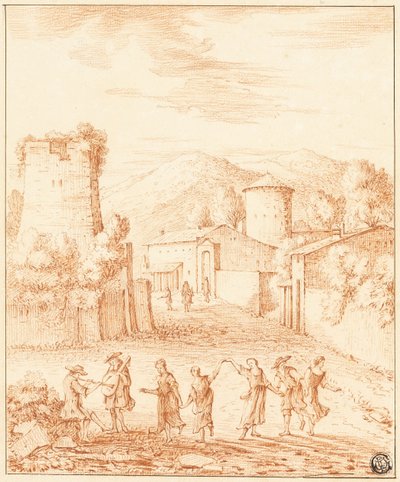 Danseurs et musiciens devant le village avec la tour en ruine - Claude Lorrain