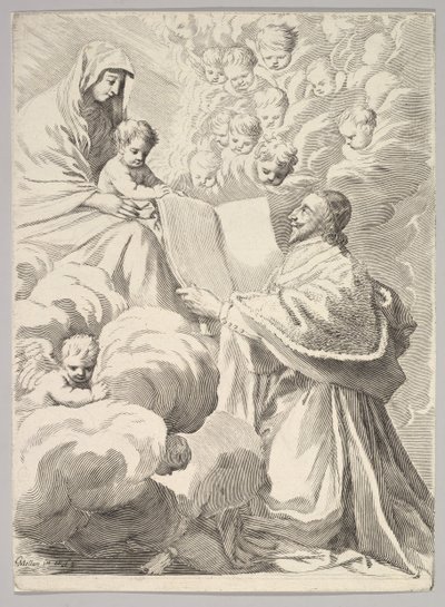 Le Cardinal Richelieu, à genoux, présente son livre à la Vierge et l