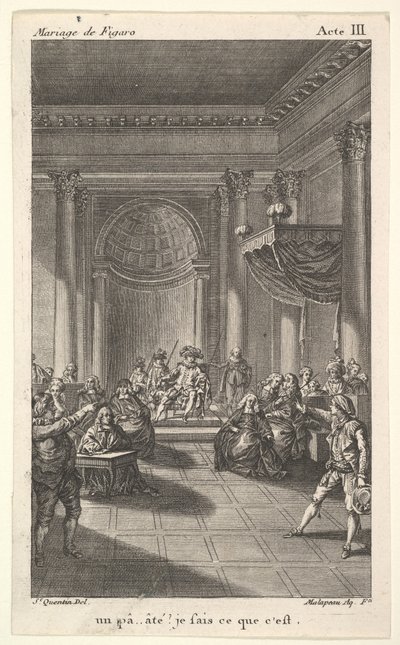 Un homme assis sur une chaise sur une plate-forme en escalier tient une audience, deux hommes pointant, ca. 1784 - Claude Nicolas Malapeau