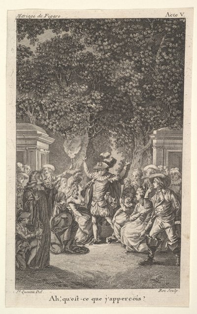 Un jeune garçon tient une torche sous des arbres dans un jardin, au centre un homme lève les deux bras, vers 1784 - Claude Nicolas Malapeau