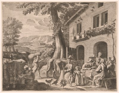 Un fermier assis à table avec sa famille, planche 13 des Pastorales - Claudine Bouzonnet Stella