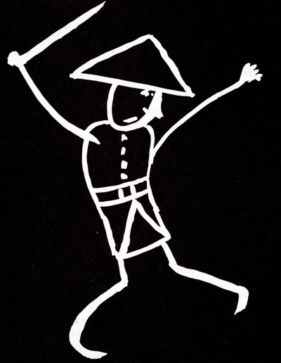 Personnage avec chapeau, uniforme et ailes. Dessin animé par Emile Cohl (1857-1938) en blanc sur noir - Cohl
