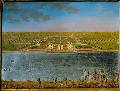 Hubert, un pavillon de chasse près de Paris, construit par Louis XV ... (plaque rectangulaire en étain, dorée et gouachée) - Compigne Compigne