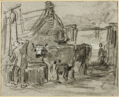 Cour de ferme avec homme et bétail - Constant Troyon