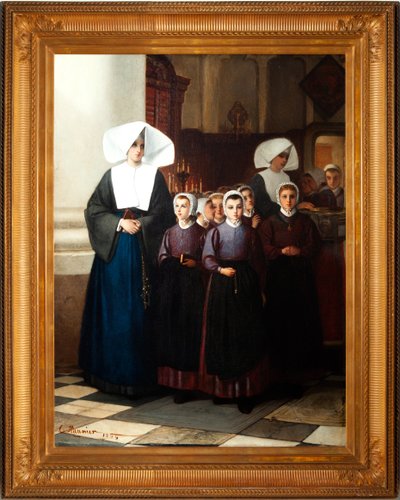 Peinture. Signé et daté : Constant Meunier 1864. Les orphelins. Huile sur toile. (détail) - Constantin Emile Meunier
