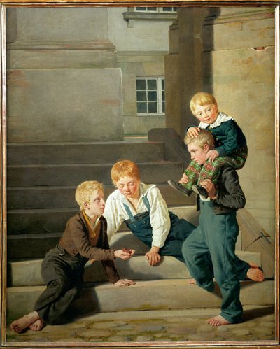 Garçons jouant aux dés devant le palais de Christiansborg à Copenhague (peinture sur toile) - Constantin Hansen