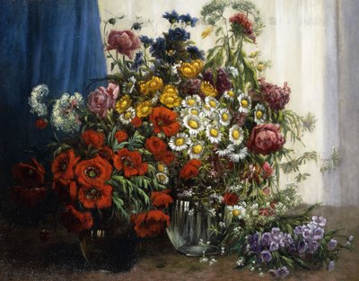 Coquelicots, Chrysanthèmes, Pivoines et autres Fleurs Sauvages dans des Vases en Verre - Constantin Stoitzner