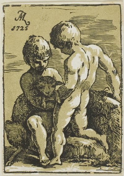 Deux enfants caressent un agneau - Conte Antonio Maria Zanetti the Elder