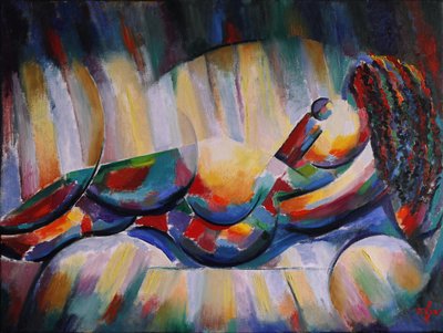 Figure allongée cubiste et colorée - Corné Akkers