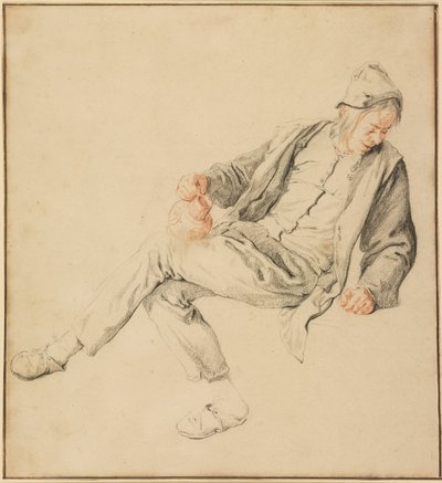 Paysan assis regardant vers le bas à droite, tenant une cruche - Cornelis Dusart