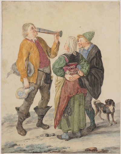 Un homme qui boit observé par un couple et un chien - Cornelis Dusart