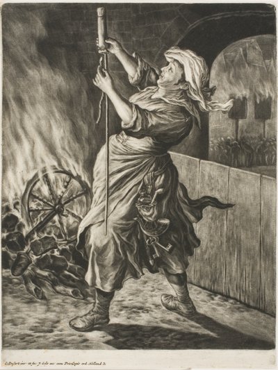 Femme allumant une fusée, aussi appelée La paix me fait avancer, de Communia Gaudia (La grande réjouissance au siège de Namur) - Cornelis Dusart
