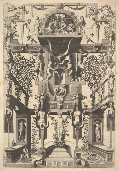 Structure architecturale fantastique avec ornement et deux pergolas et une petite scène avec Vu..., 1557 - Cornelis Floris Ii