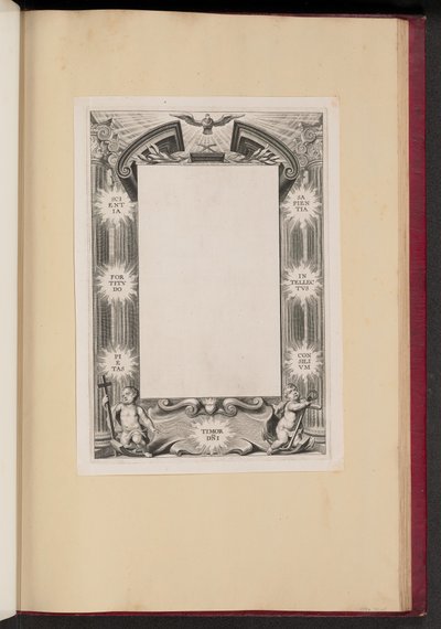 Illustration de Bordure avec Deux Putti "Scientia, Fortitvdo, Pietas, Timor-DNI, Sapientia, Intellectvs, Consilivm" - Cornelis Galle I
