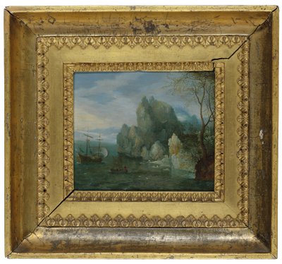 Paysage côtier rocheux avec des figures sur le rivage et une galère amarrée - Cornelis Liefrinck
