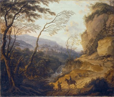 Hollandais : Paysage de montagne avec un cavalier et un chasseur en conversation - Cornelis Matthieu