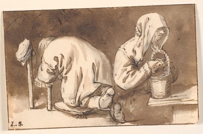 Un homme agenouillé et une femme avec un panier - Cornelis Pietersz Bega