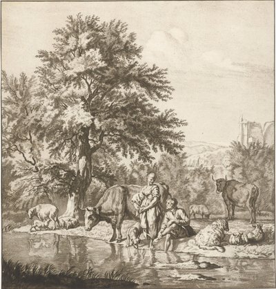 Berger et bergère avec troupeau près d