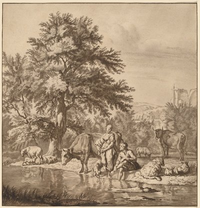 Berger et bergère avec leur troupeau - Cornelis Ploos van Amstel after Adriaen