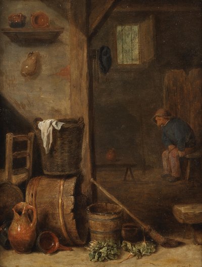 Un intérieur de cuisine avec un personnage assis dans la pièce adjacente - Cornelis Saftleven