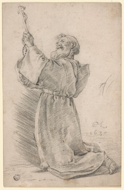 Moine agenouillé tenant un crucifix - Cornelis Saftleven