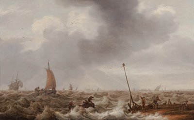 Navigation en mer agitée le long de la côte avec une jetée, un phare et une ville au loin, vers 1600-55 - Cornelis Stooter