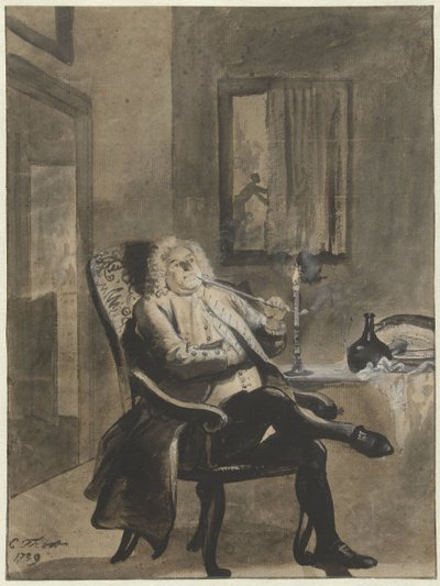 Homme assis fumant une pipe à la lumière d