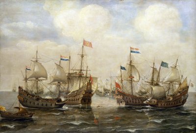 Un affrontement entre les Espagnols et les Néerlandais, vers 1630, chaque bateau a son drapeau, et à gauche, un bateau porte le drapeau des États généraux néerlandais - Cornelis Verbeeck