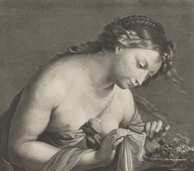 Érigone penchée sur un plateau de raisins et soulevant un morceau de tissu avec les deux mains - Cornelis Vermeulen