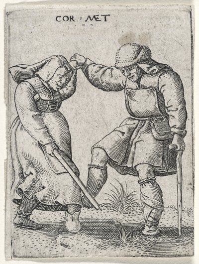 Un homme avec un pied bandé dansant avec une femme, 1572 (gravure sur papier vergé) - Cornelis after Massys