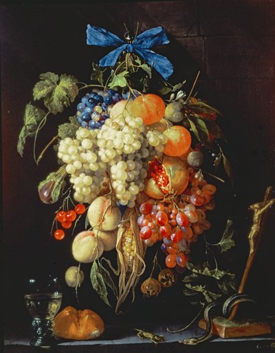 Bouquet de fruits avec symboles eucharistiques sur une corniche en dessous - Cornelis de Heem