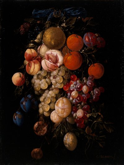 Nature morte de raisins, cerises et prunes suspendus à un clou avec un ruban bleu - Cornelis de Heem