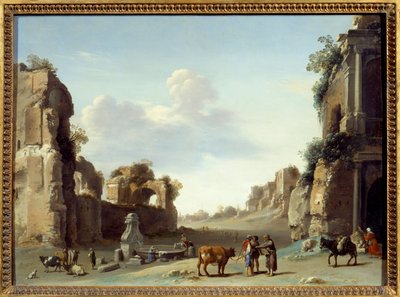 Vue fantastique de Campo Vaccino à Rome avec deux ânes. Peinture de Cornelis van Pelenburgh (1596-1667) - Cornelis van Poelenburgh or Poelenburch
