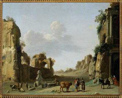 Vue du Campo Vaccino avec un âne ... - Cornelis van Poelenburgh or Poelenburch