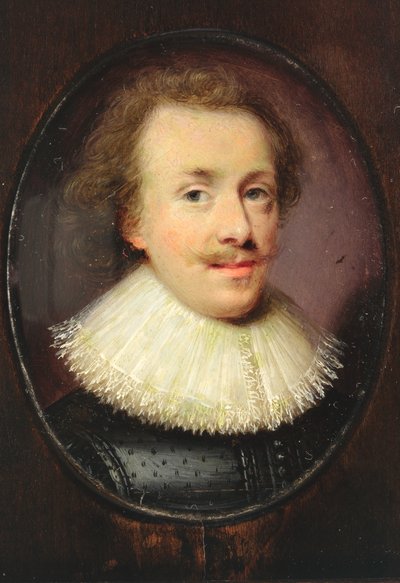 Un gentleman, en pourpoint noir à motifs avec col en dentelle tombante - Cornelius I attr.to Johnson