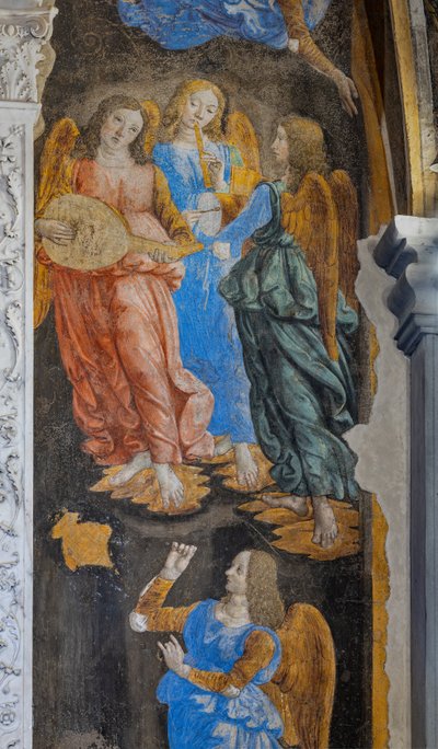 Miracle du Sacrement : détail avec des anges jouant de la musique (fresque) - Cosimo Rosselli
