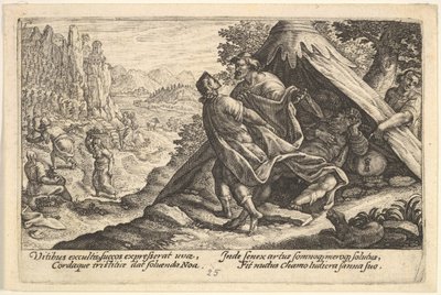 Ivresse de Noé : Sem et Japhet couvrent le corps nu de Noé, qui est allongé dans une tente, 1612 - Crispijn de Passe I