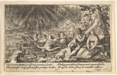Le début du Déluge : hommes et femmes grimpent vers des hauteurs à droite, l