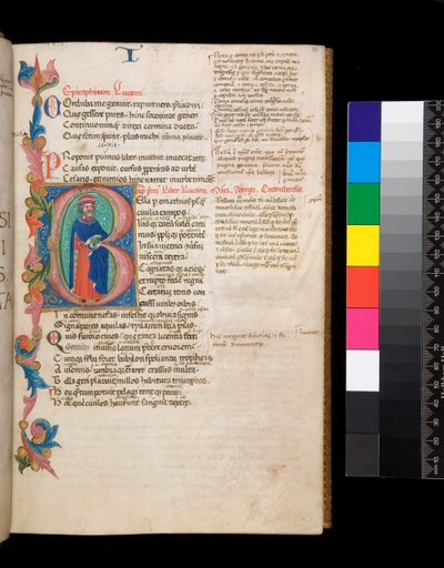Ms 325. Lucain, Bellum Civile, et autres œuvres, f.10r. Initiale illuminée [B], habitée par un portrait d