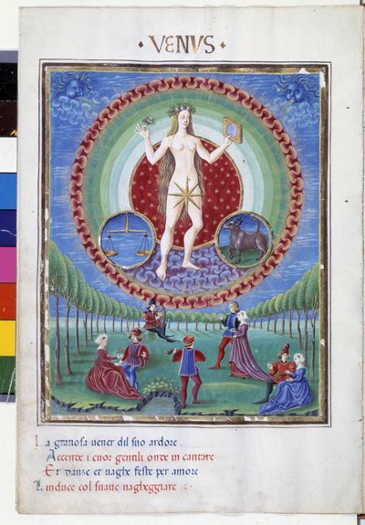 Comète avec les signes du zodiaque de la balance et du taureau. En bas, les scènes galantes. Miniature réalisée par Cristoforo de Predis (v. 1440-v. 1486) - dans 