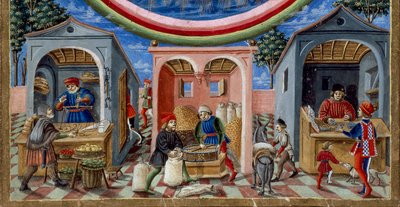 Détail de marchands vendant divers articles : à gauche, un marchand de fruits et légumes, au centre un meunier moulant du grain (Miniature, vers 1470) - Cristoforo De Predis