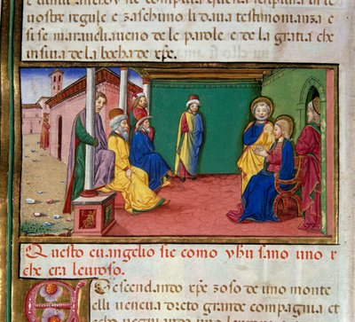 Jésus se rend à la synagogue de Nazareth un samedi et lit le livre du prophète Isaïe. Miniature de Cristoforo De Predis (1440-1486) d