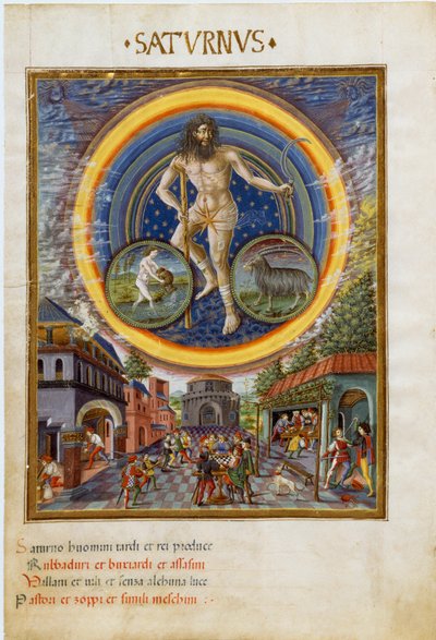 Saturne avec les signes du zodiaque du Verseau et du Capricorne. Les scènes de jeu et son influence sur les hommes - Cristoforo De Predis